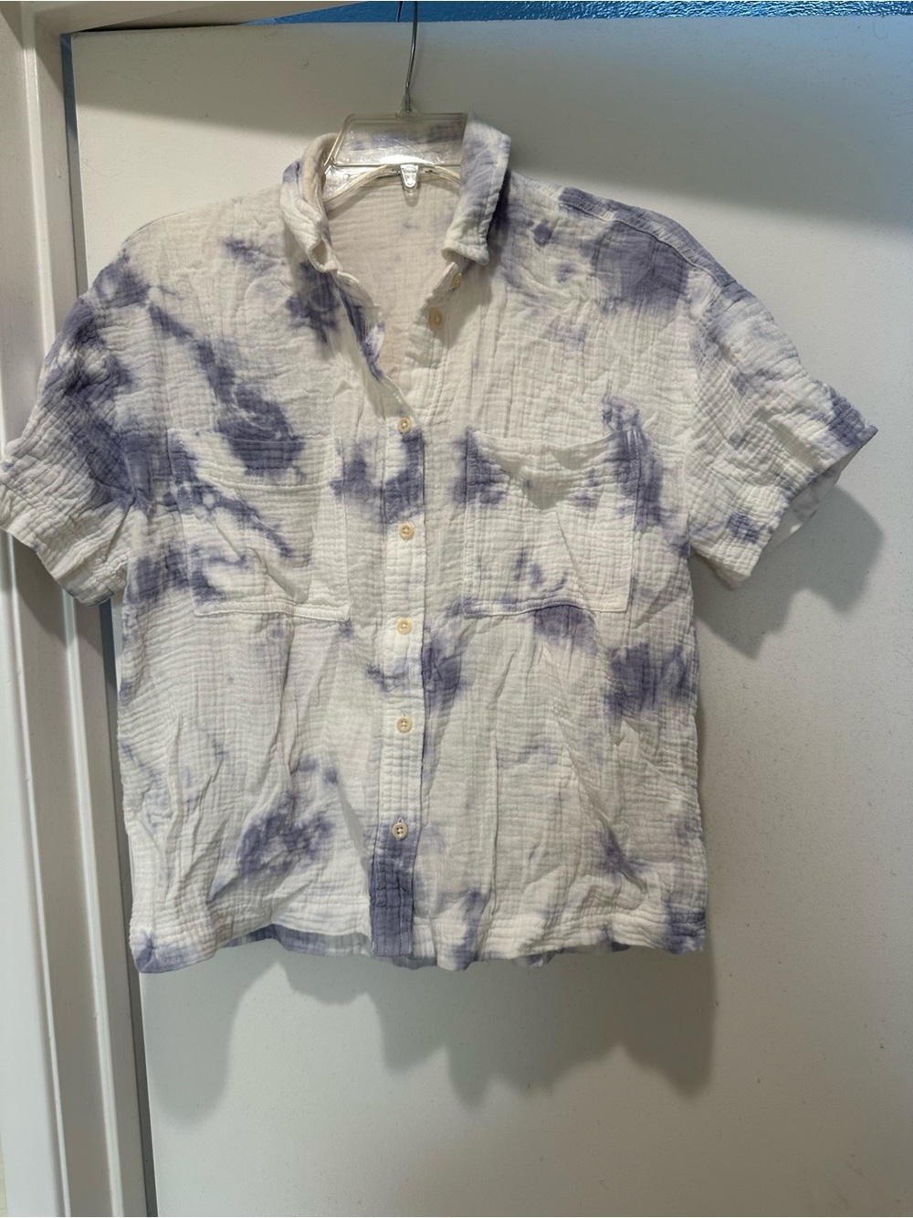Madewell White Short-Sleeve Button-Down Shirt w Blue Tie-Dye Size Small